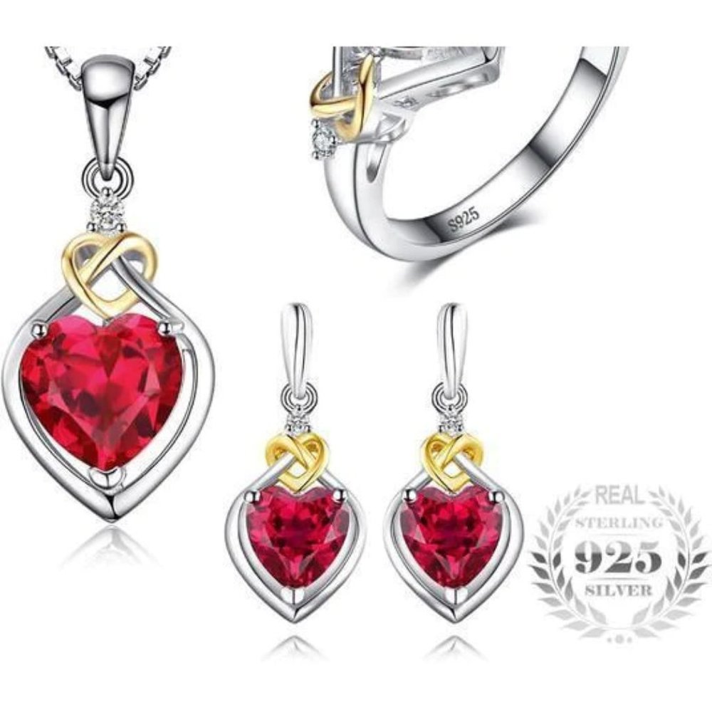 Heart Created Ruby & CZ Accent "Love Knot" Jewelry SET In 925 Silver